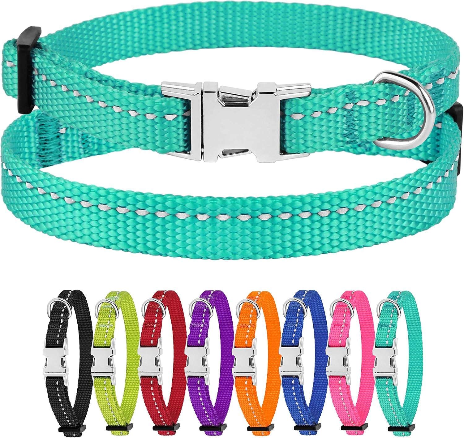 Teal dog collar with a silver buckle, surrounded by other colorful collars on a white background.