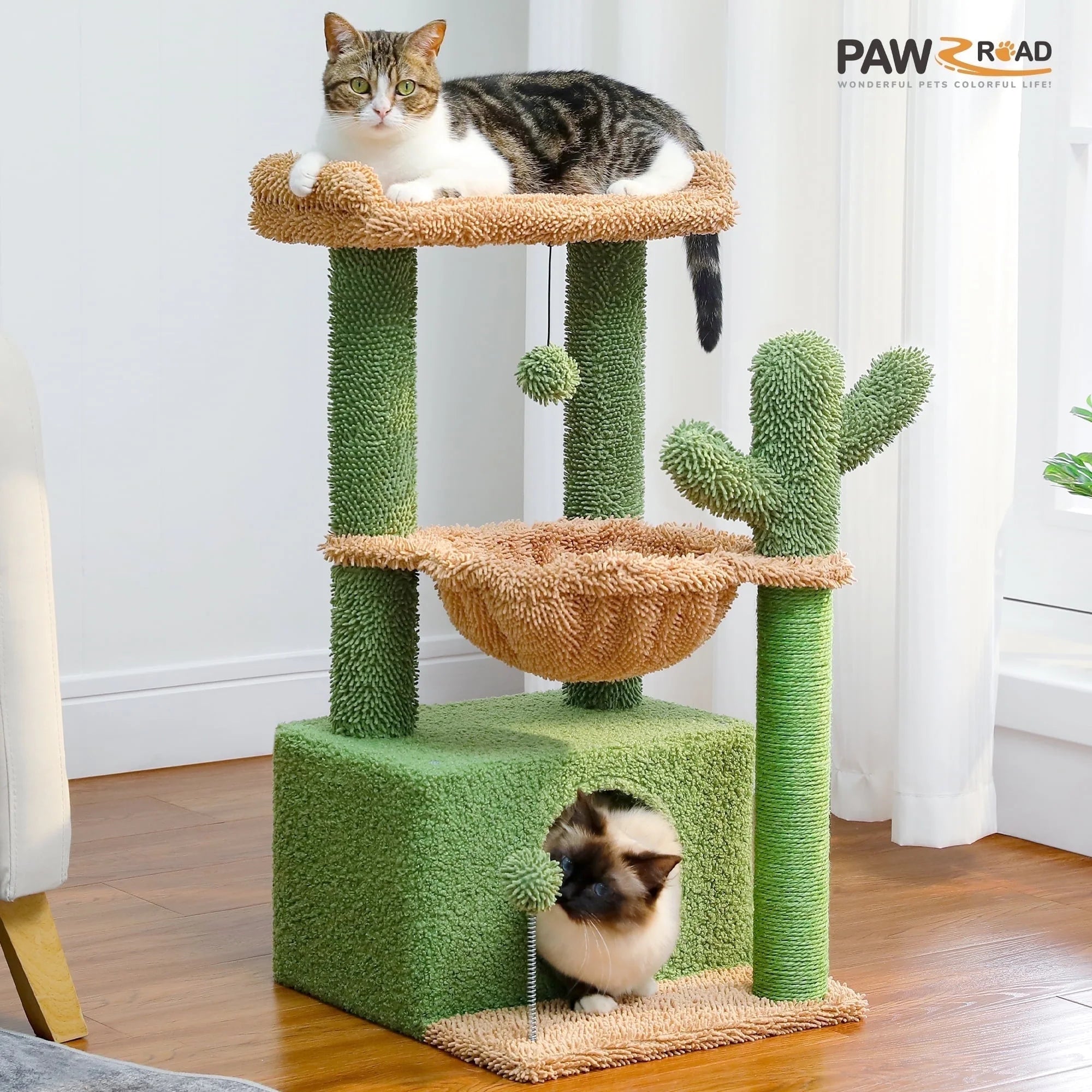 Cat Tree 33" Cactus Cat Tower β Multi-Level Scratching Post with Hammock, Condo & Large Perch for Medium Indoor Cats
