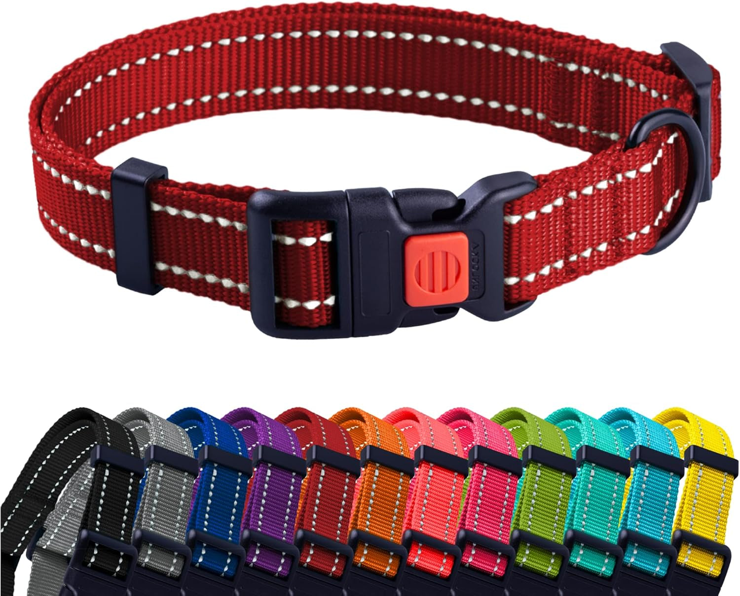 Red dog collar with a row of colorful collars below on a white background