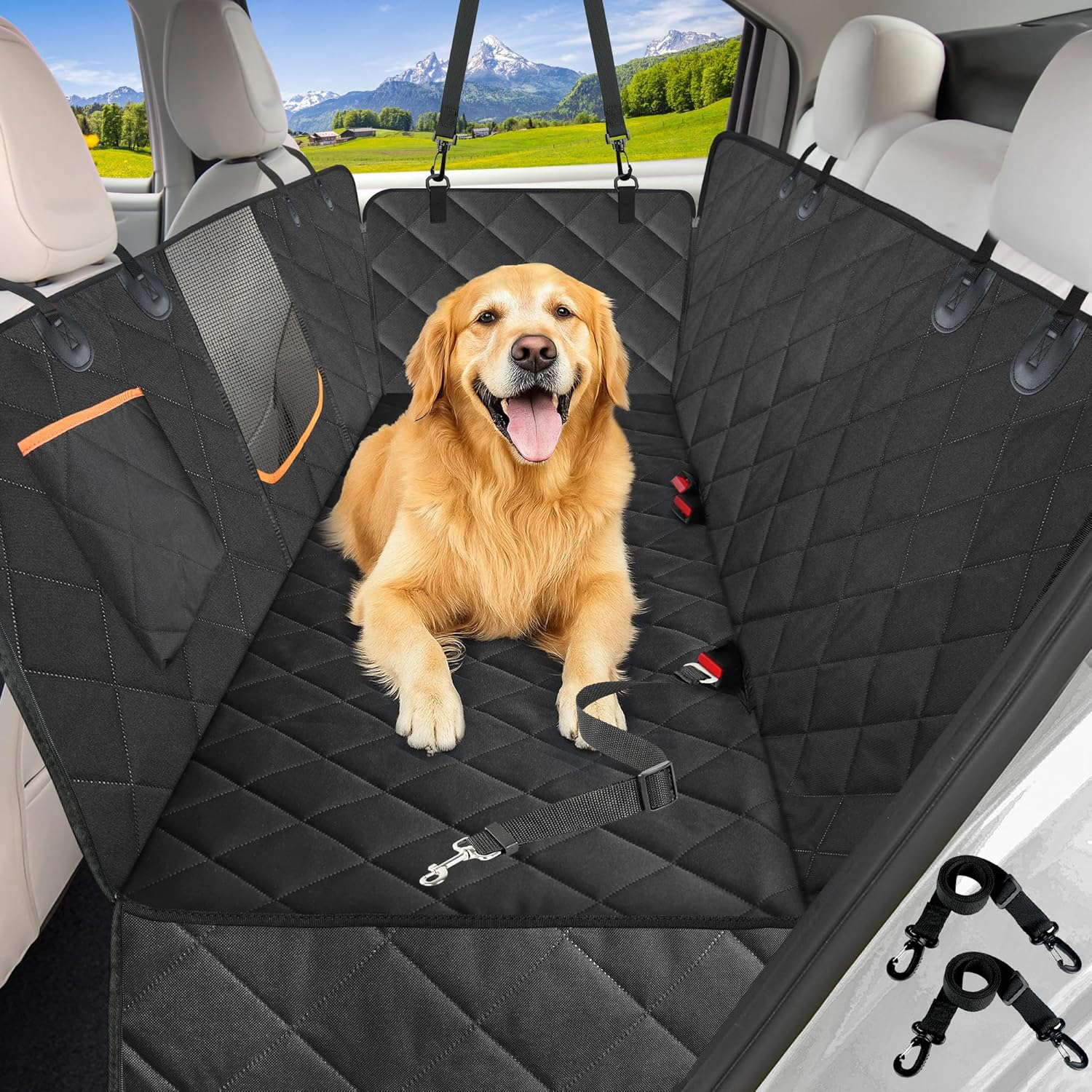 Dog Car Seat Cover for Back Seat - Waterproof Hammock with Side Flaps & Mesh Window – Heavy Duty Pet Seat Protector