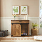 Large Dog Crate Furniture with Barn Door & Drawer – Rustic Wood