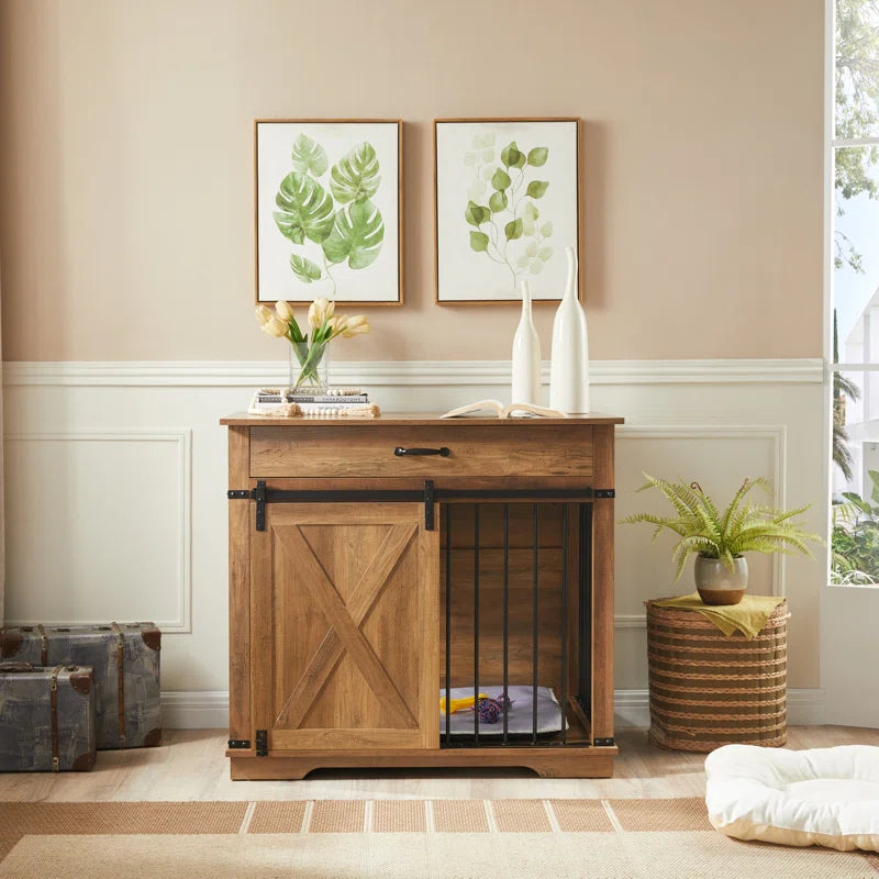 Large Dog Crate Furniture with Barn Door & Drawer – Rustic Wood