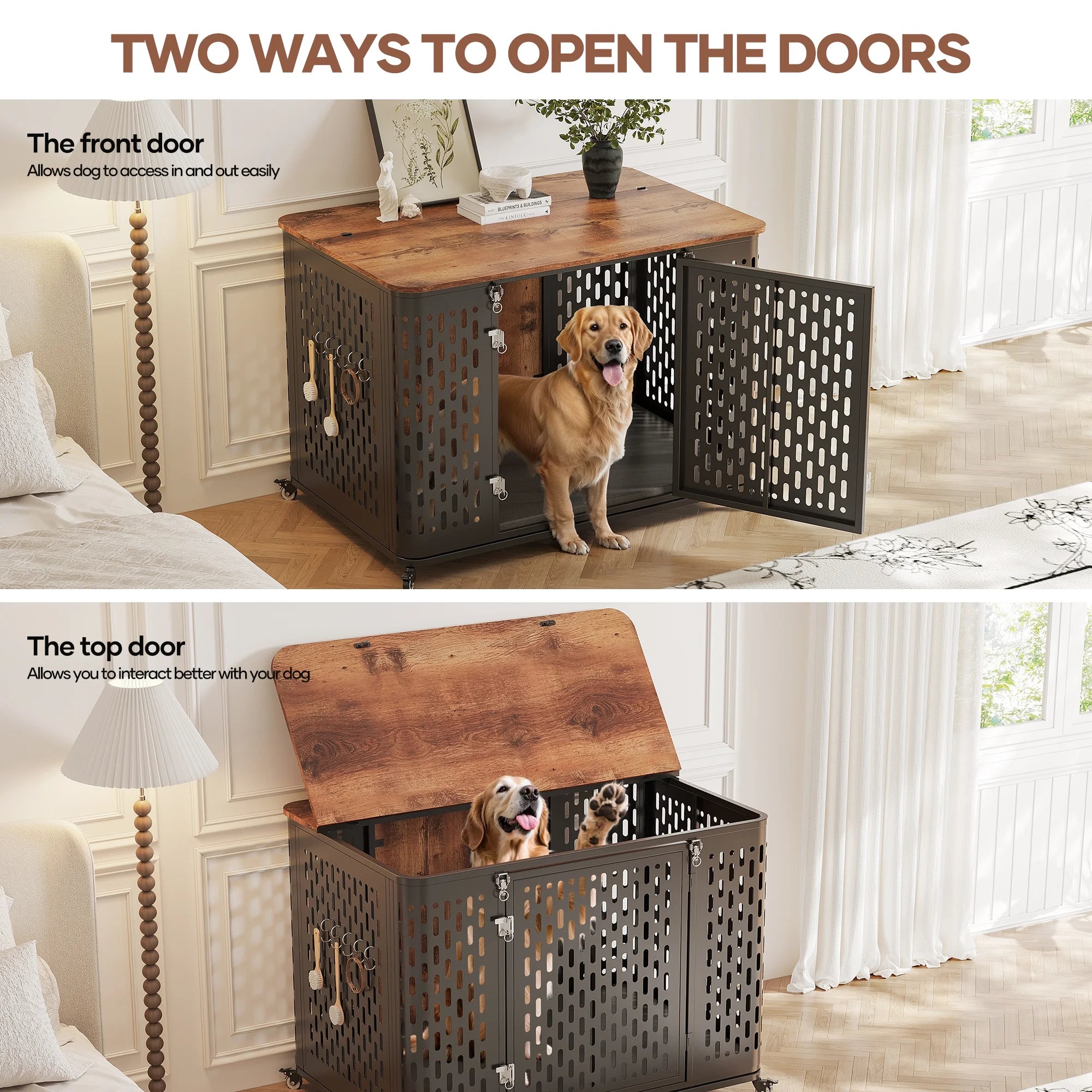 38" Heavy Duty Dog Crate Furniture  - Chew-Proof Escape-Proof Rustic Kennel