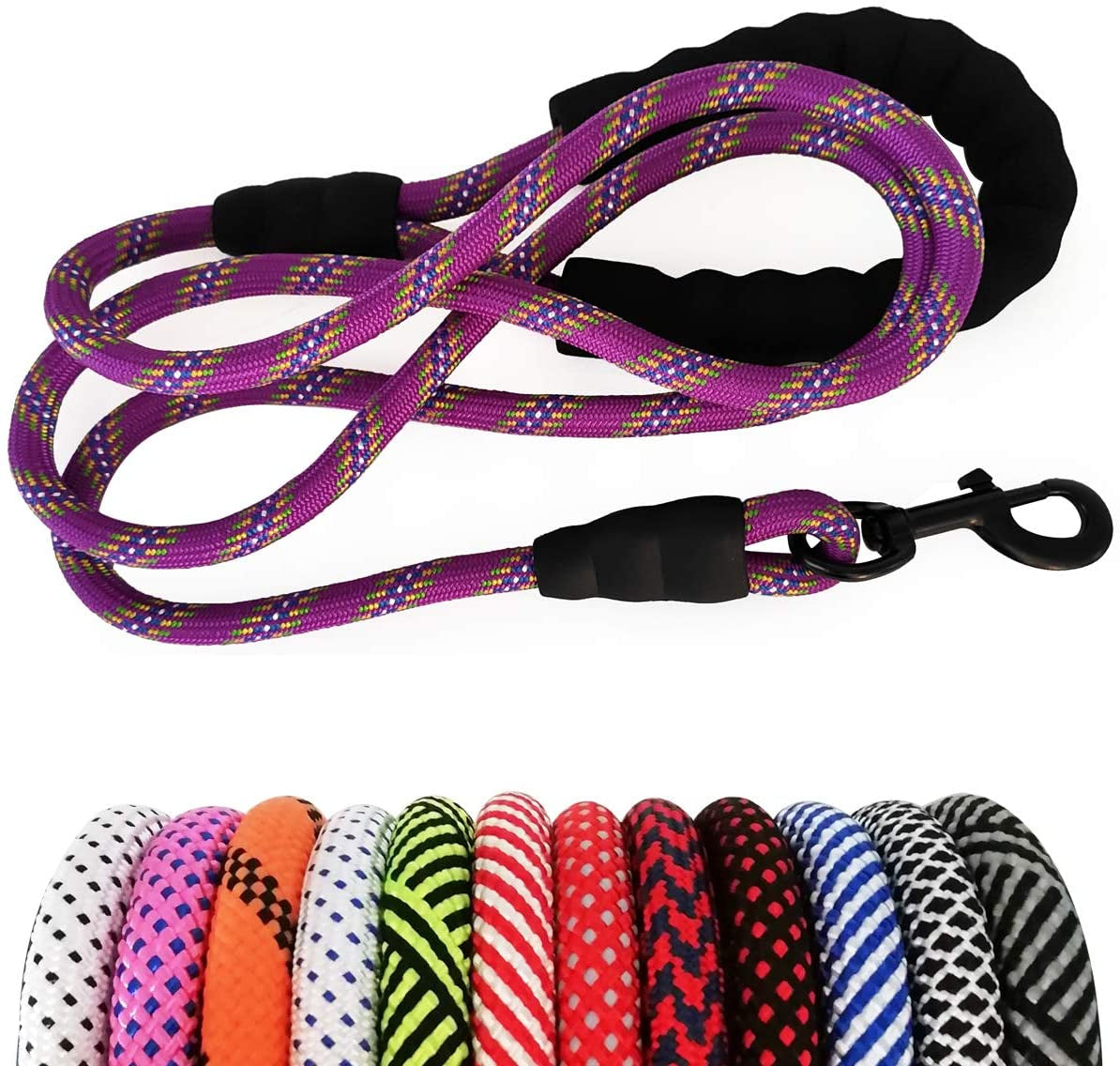 Purple dog leash with black clip on a white background, with additional color options displayed below.