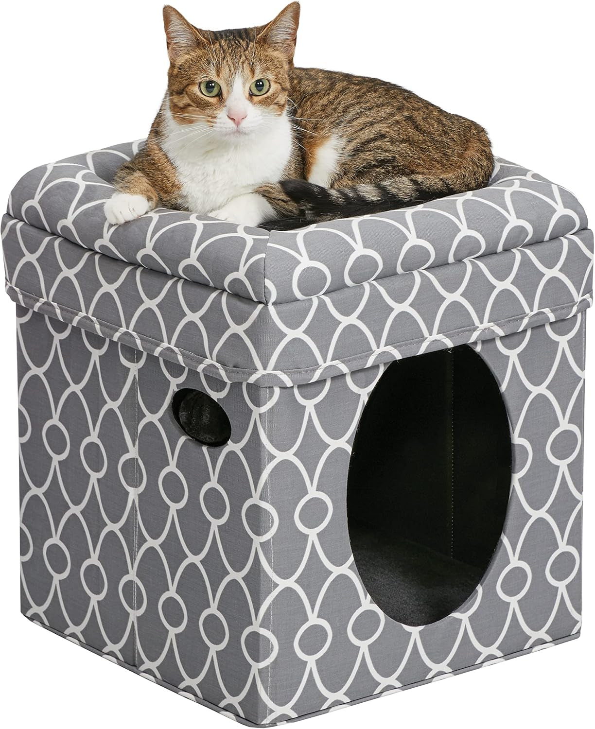Feline Nuvo Curious Cat Cube, Foldable Cat Hideout with Toy, Bolstered Bed Top, Mushroom Diamond, Faux Fur