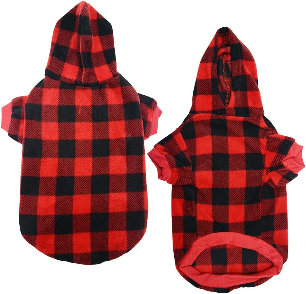 Plaid Dog Hoodie Fleece Sweater – Warm Winter Coat Red & Black