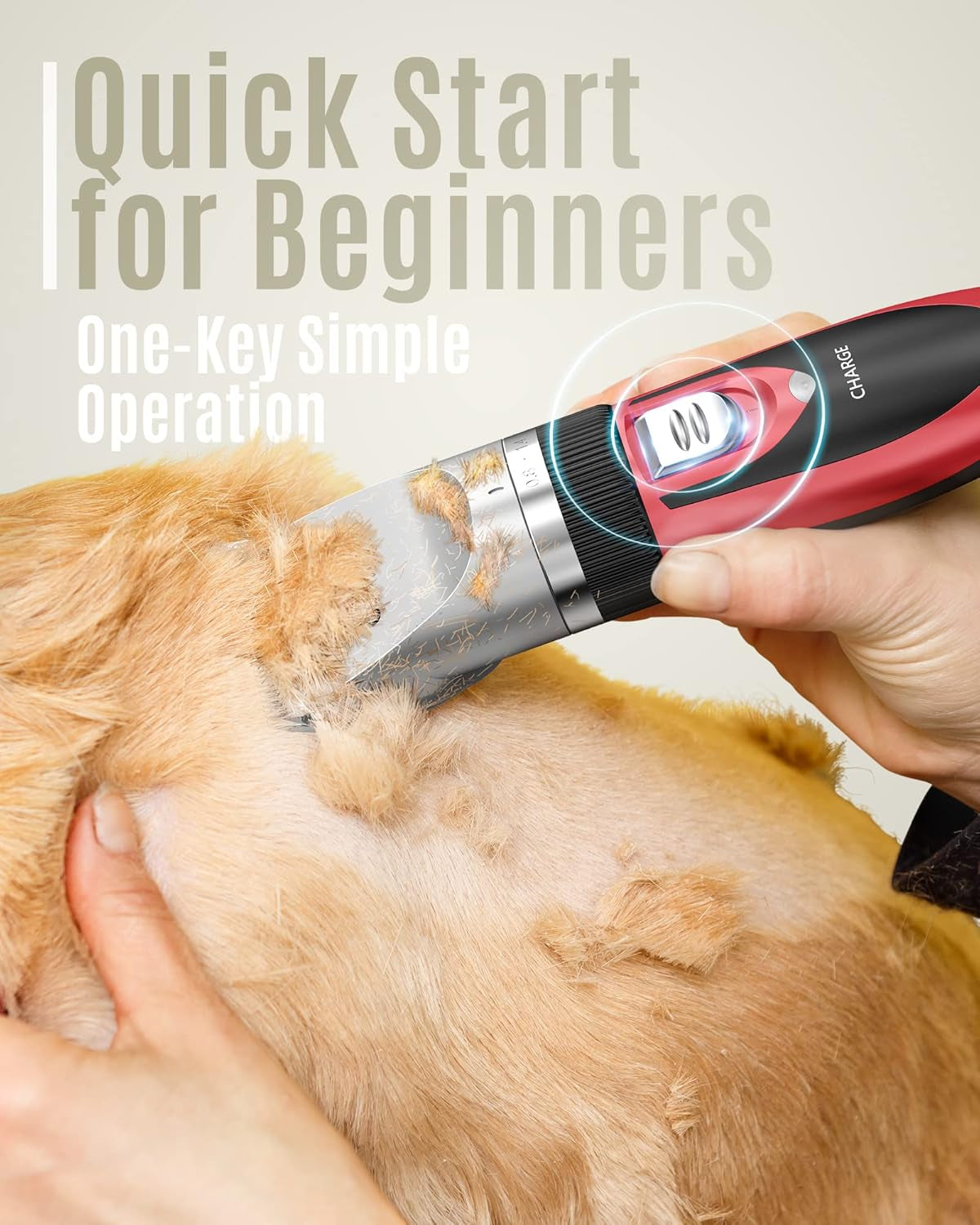 Pet grooming clipper being used on a dog with text 'Quick Start for Beginners' and 'One-Key Simple Operation'.