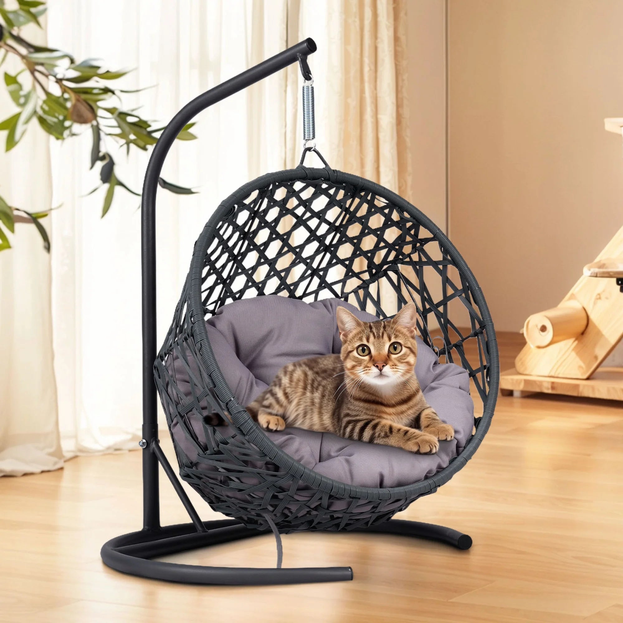 Luxury Cat Swing Hammock with Stand & Cushion – Rattan Wicker Egg Chair for Cats, Indoor Hanging Pet Bed with Breathable Design & Washable Cushion