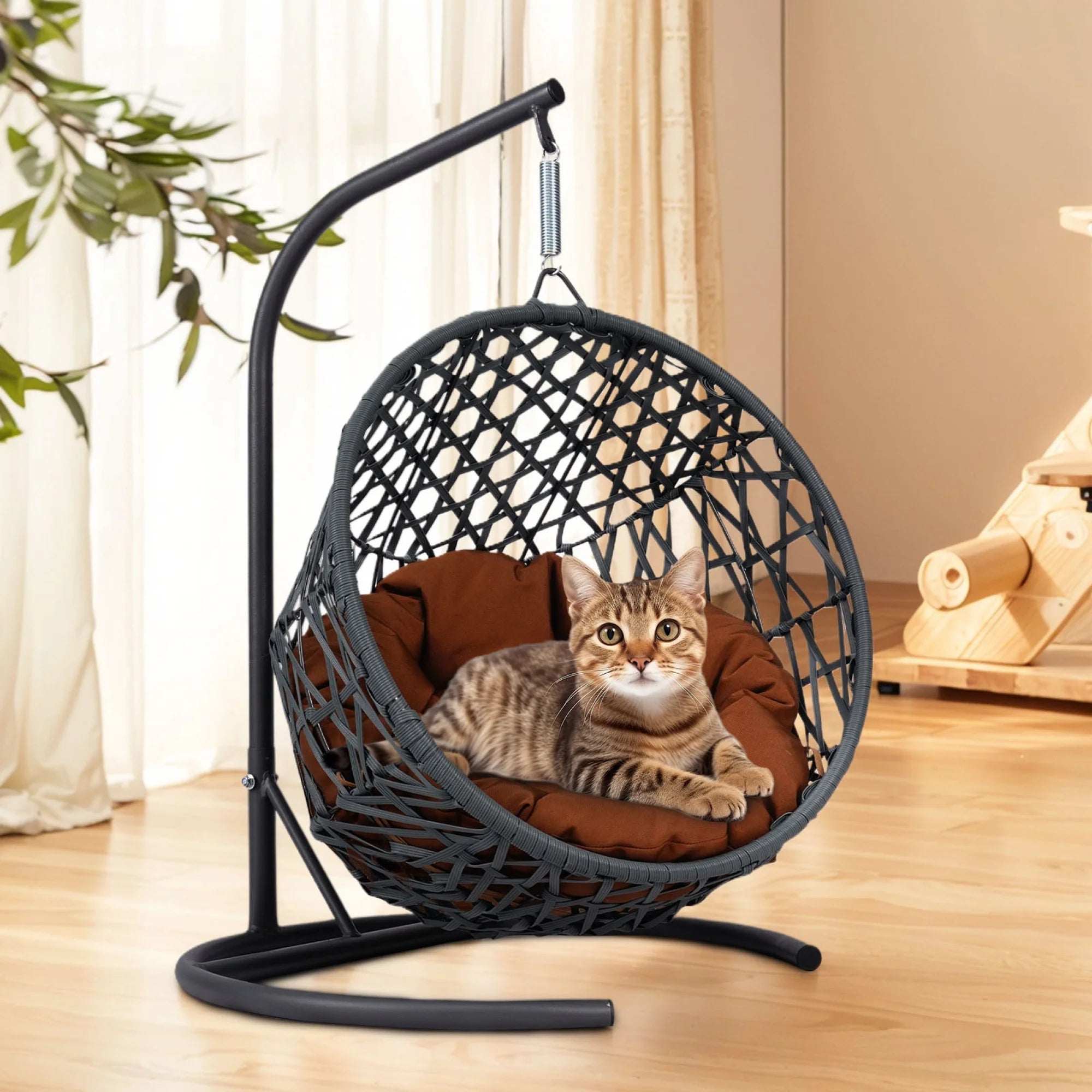 Luxury Cat Swing Hammock with Stand & Cushion – Rattan Wicker Egg Chair for Cats, Indoor Hanging Pet Bed with Breathable Design & Washable Cushion