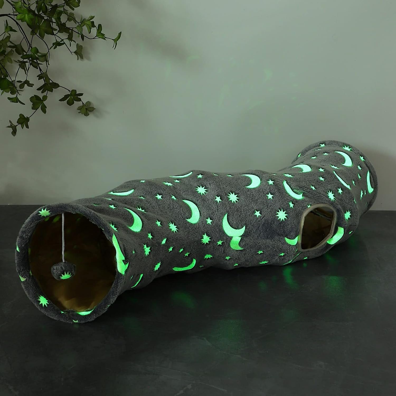 Collapsible Cat Tunnel with Plush Ball Toy – Glow-in-the-Dark Pet Play Tube for Kittens, Rabbits, Ferrets & Small Dogs, Grey Moon & Star Design