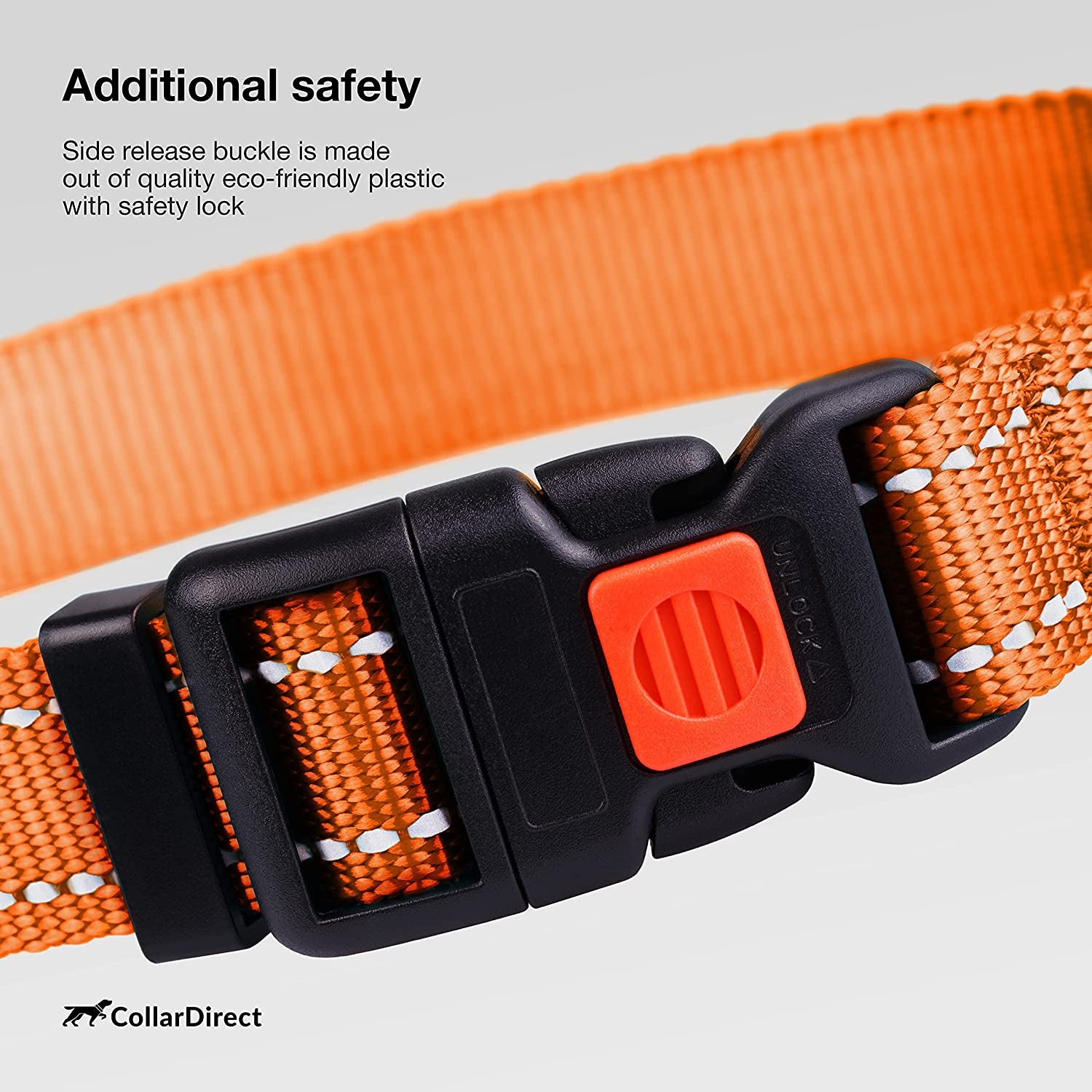Orange dog collar with a black and red side release buckle on a light gray background, featuring CollarDirect branding.