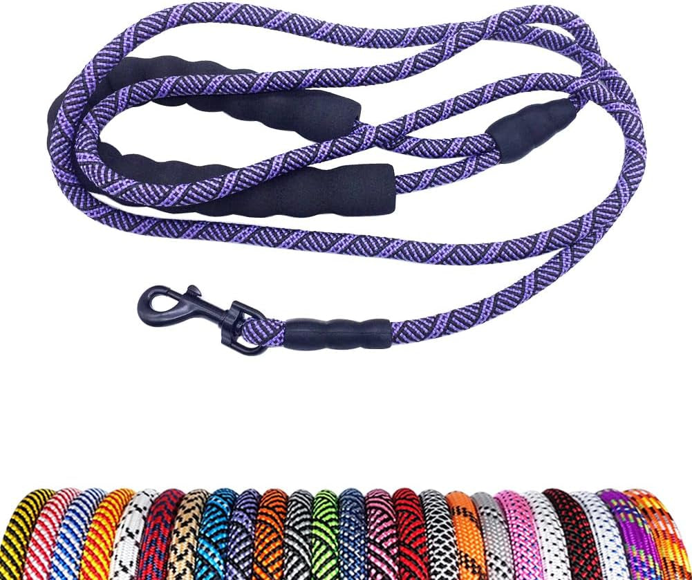 Dog leash with purple and black pattern on a white background
