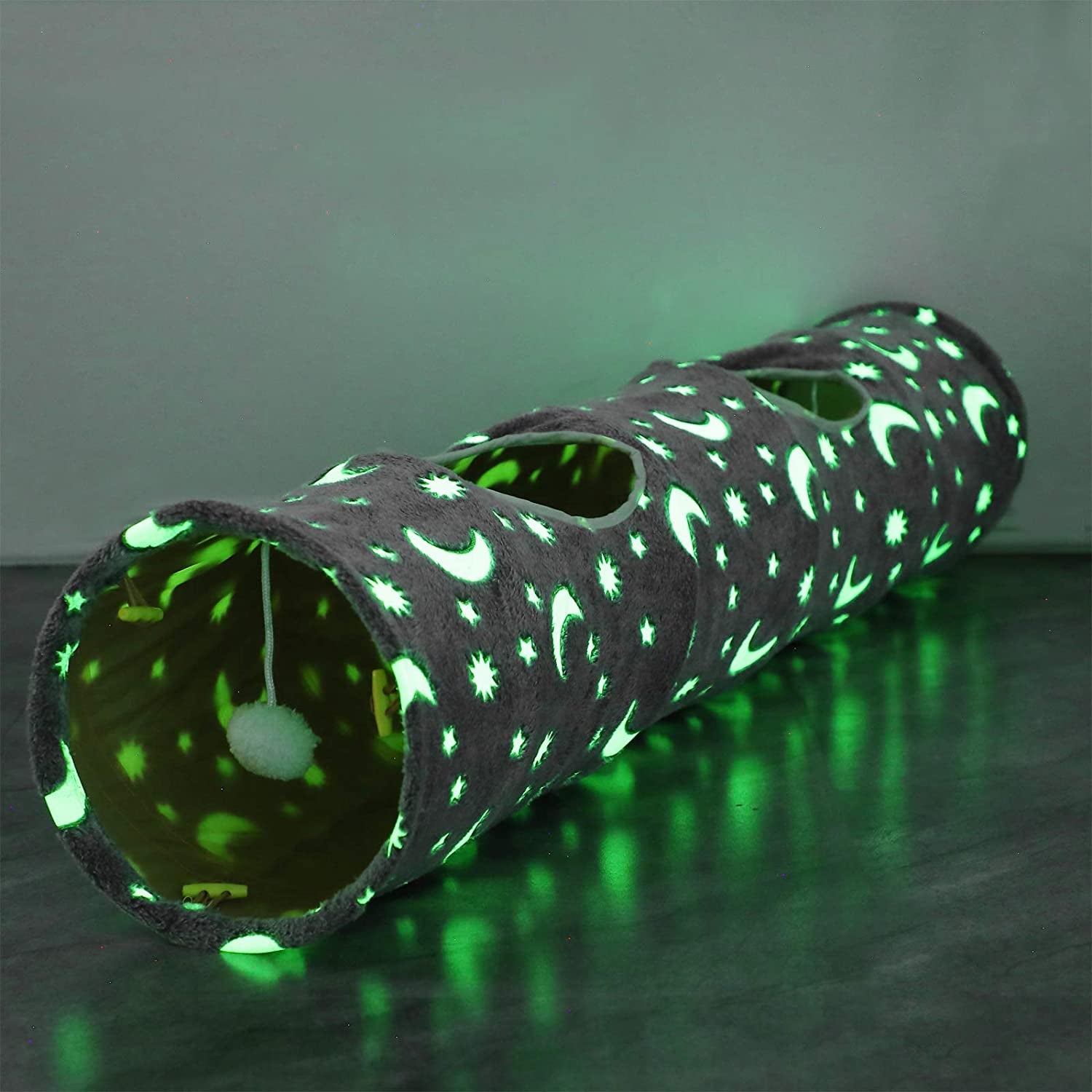 Collapsible Cat Tunnel with Plush Ball Toy – Glow-in-the-Dark Pet Play Tube for Kittens, Rabbits, Ferrets & Small Dogs, Grey Moon & Star Design
