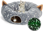 Collapsible Cat Tunnel with Plush Ball Toy – Glow-in-the-Dark Pet Play Tube for Kittens, Rabbits, Ferrets & Small Dogs, Grey Moon & Star Design