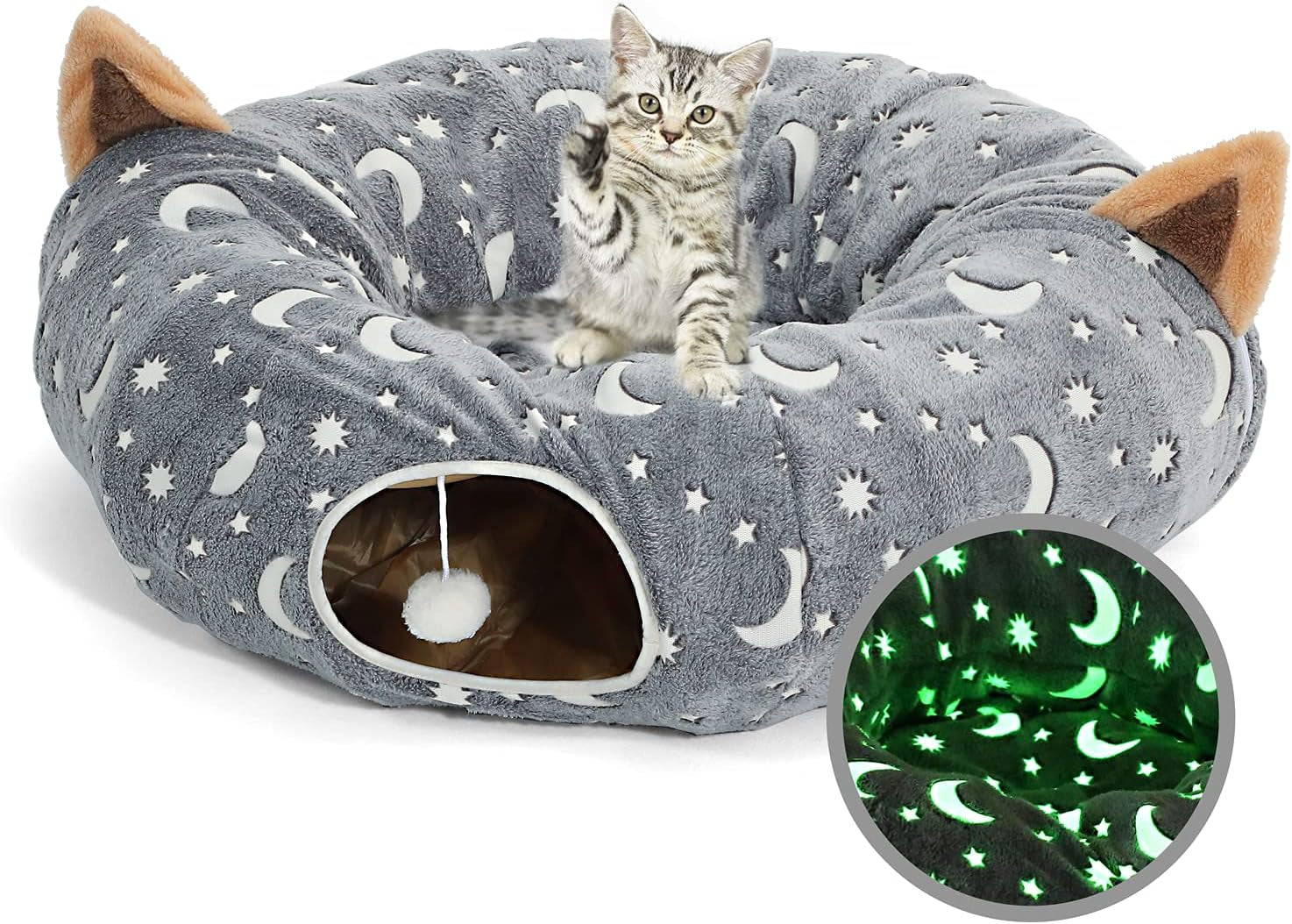 Collapsible Cat Tunnel with Plush Ball Toy – Glow-in-the-Dark Pet Play Tube for Kittens, Rabbits, Ferrets & Small Dogs, Grey Moon & Star Design