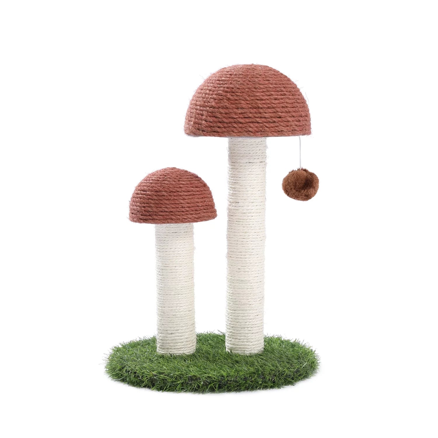 2 Mushrooms Cat Scratching Post – 19" Sisal Rope Cat Scratcher with Grass Base & Dangling Ball, Cute Mushroom Design for Kittens & Small Cats