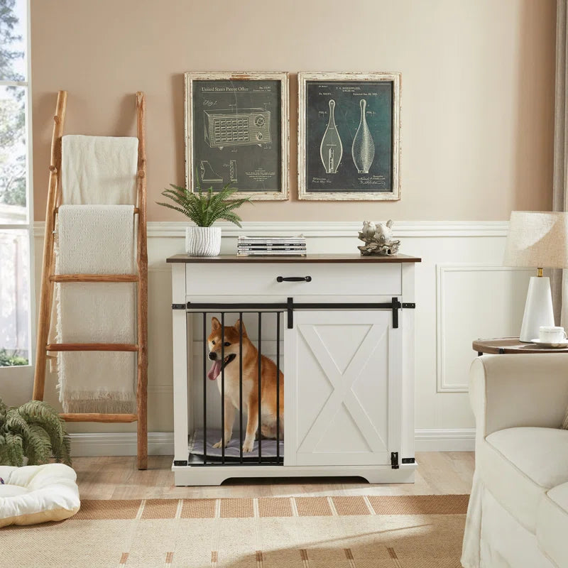 Large Dog Crate Furniture with Barn Door & Drawer – Rustic Wood