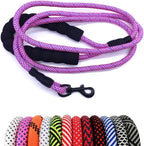 Pink and black patterned dog leash with a clip on a white background, surrounded by other colorful leashes.