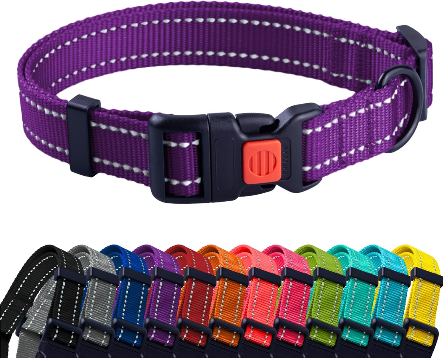 Purple dog collar with a red buckle, surrounded by a row of colorful collars on a white background.