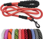 Red and white braided dog leash with black handle and clip, displayed with color options below on a white background.