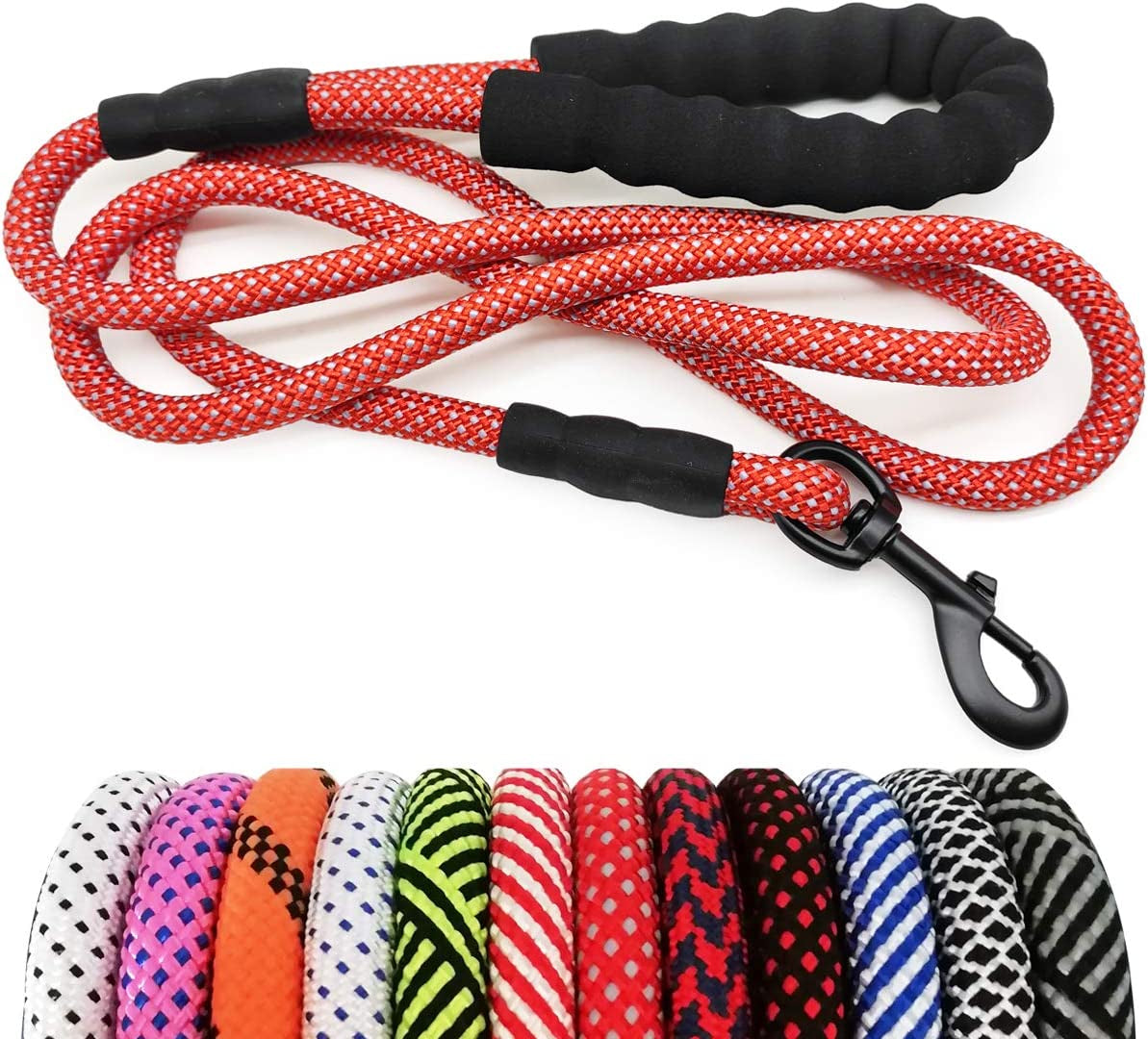 Red and white braided dog leash with black handle and clip, displayed with color options below on a white background.