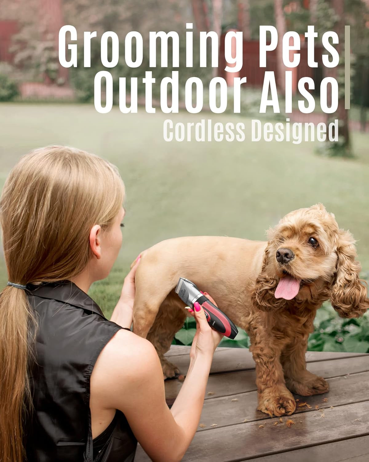 Person grooming a dog outdoors with text about cordless pet grooming tools.