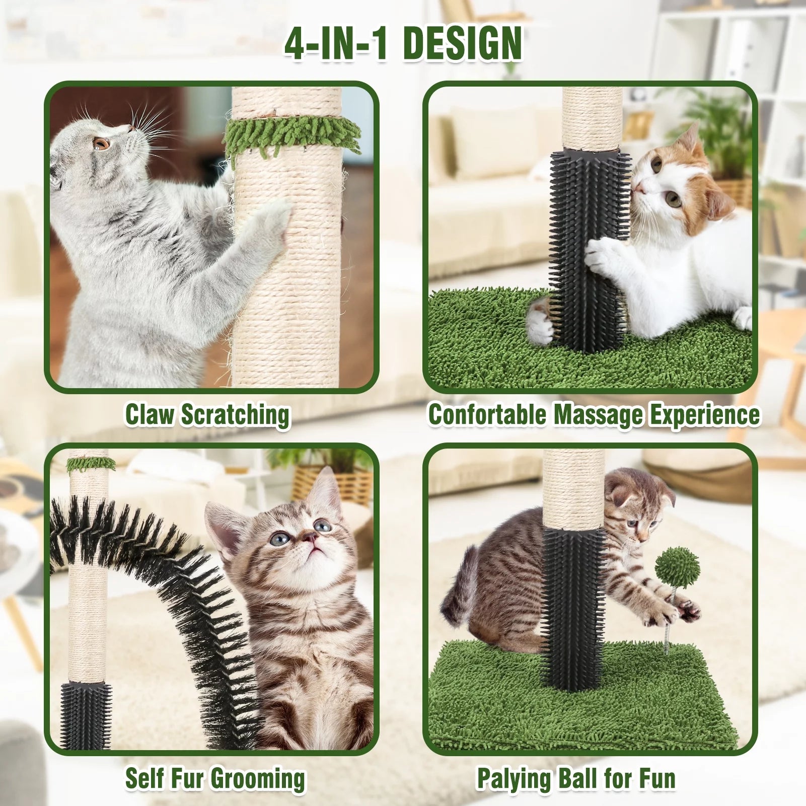 Cat Post 38" – Tall Cat Scratching Post for Indoor Cats with Dangling Ball & Spring Toy (Green)