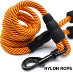 Yellow and red nylon rope leash with a black clip on a white background