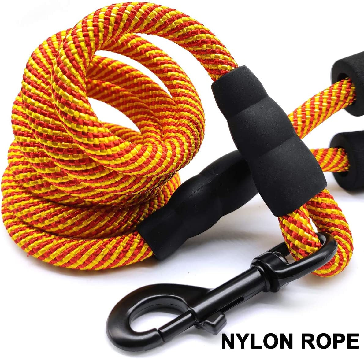 Yellow and red nylon rope leash with a black clip on a white background