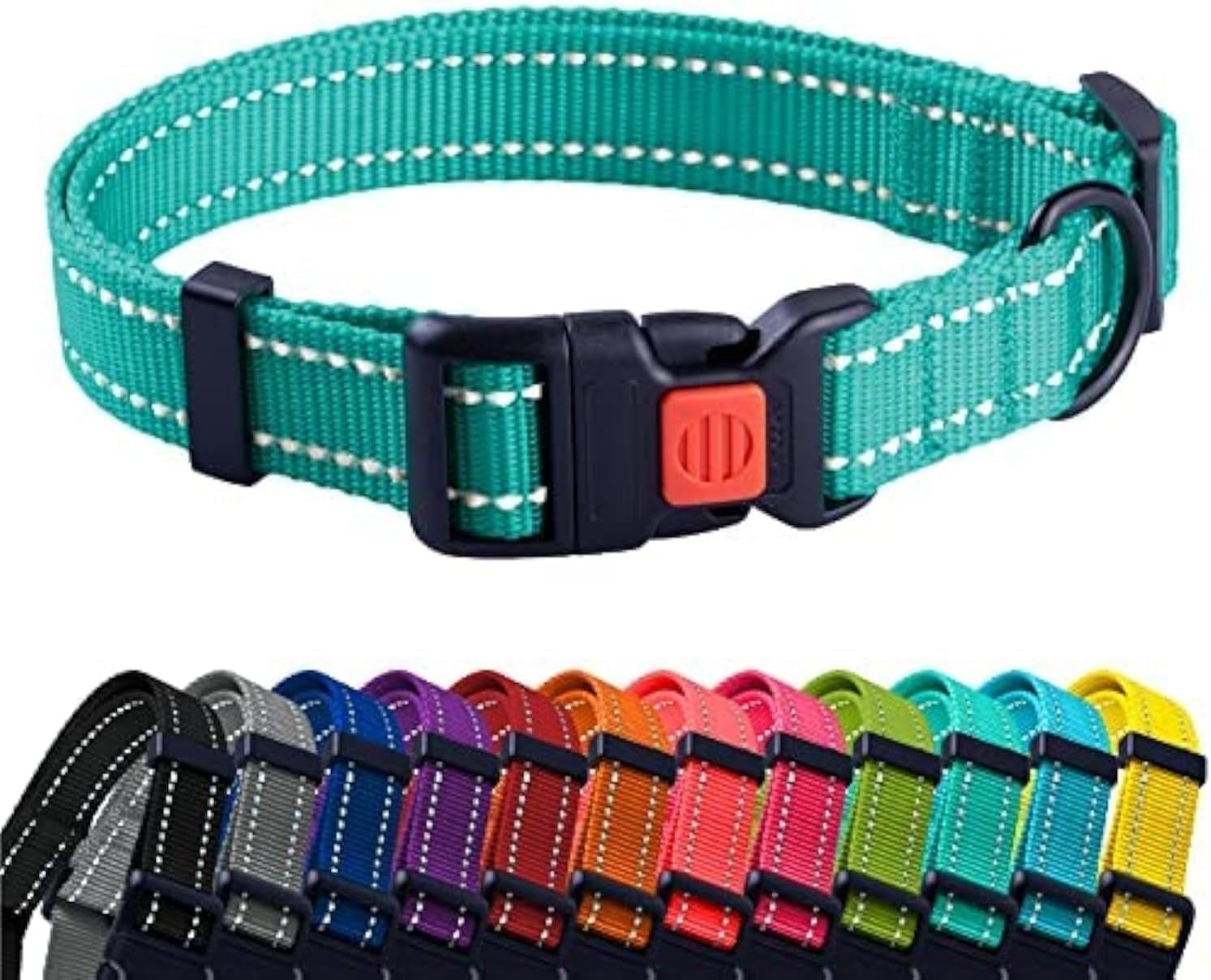 Teal dog collar with multiple color options displayed below on a white background