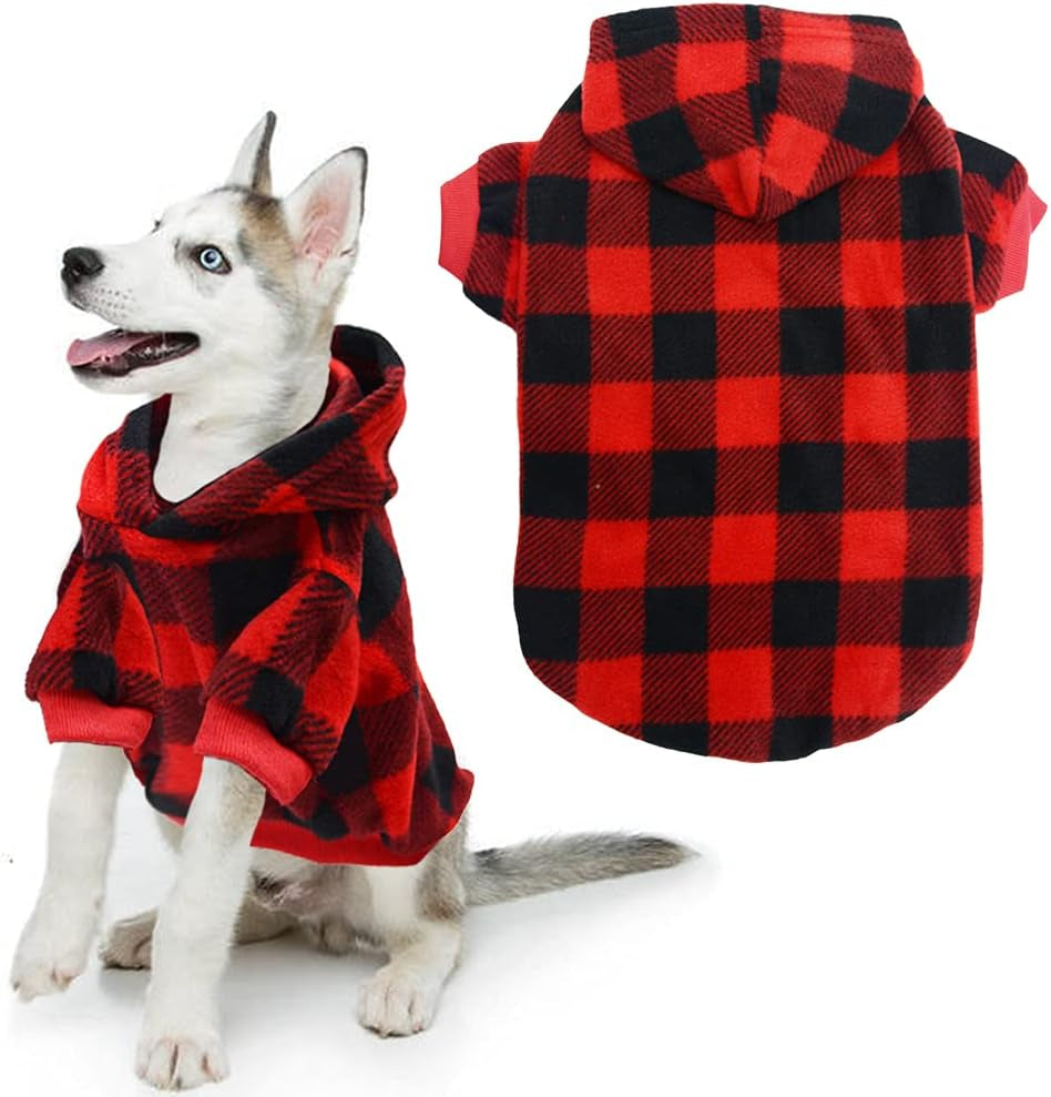 Plaid Dog Hoodie Fleece Sweater – Warm Winter Coat Red & Black