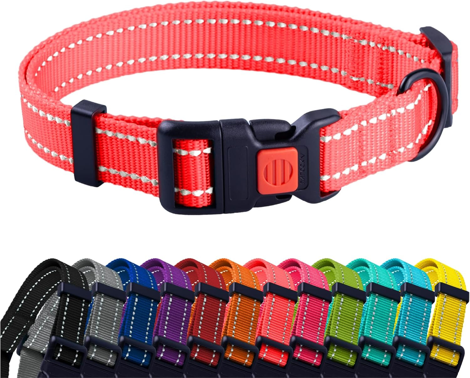 Red dog collar with a row of colorful collars below on a white background