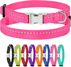Pink dog collar with metal buckle and additional collars in various colors on a white background
