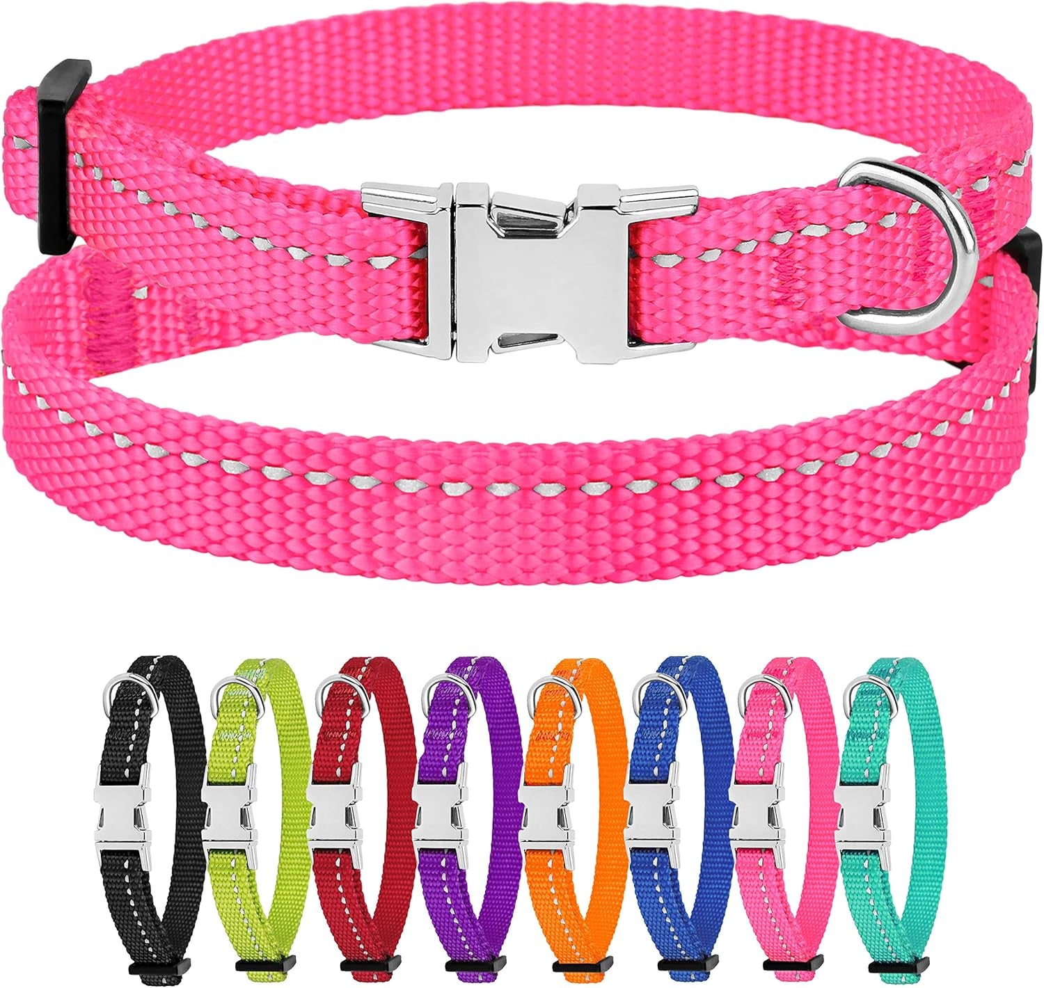 Pink dog collar with metal buckle and additional collars in various colors on a white background