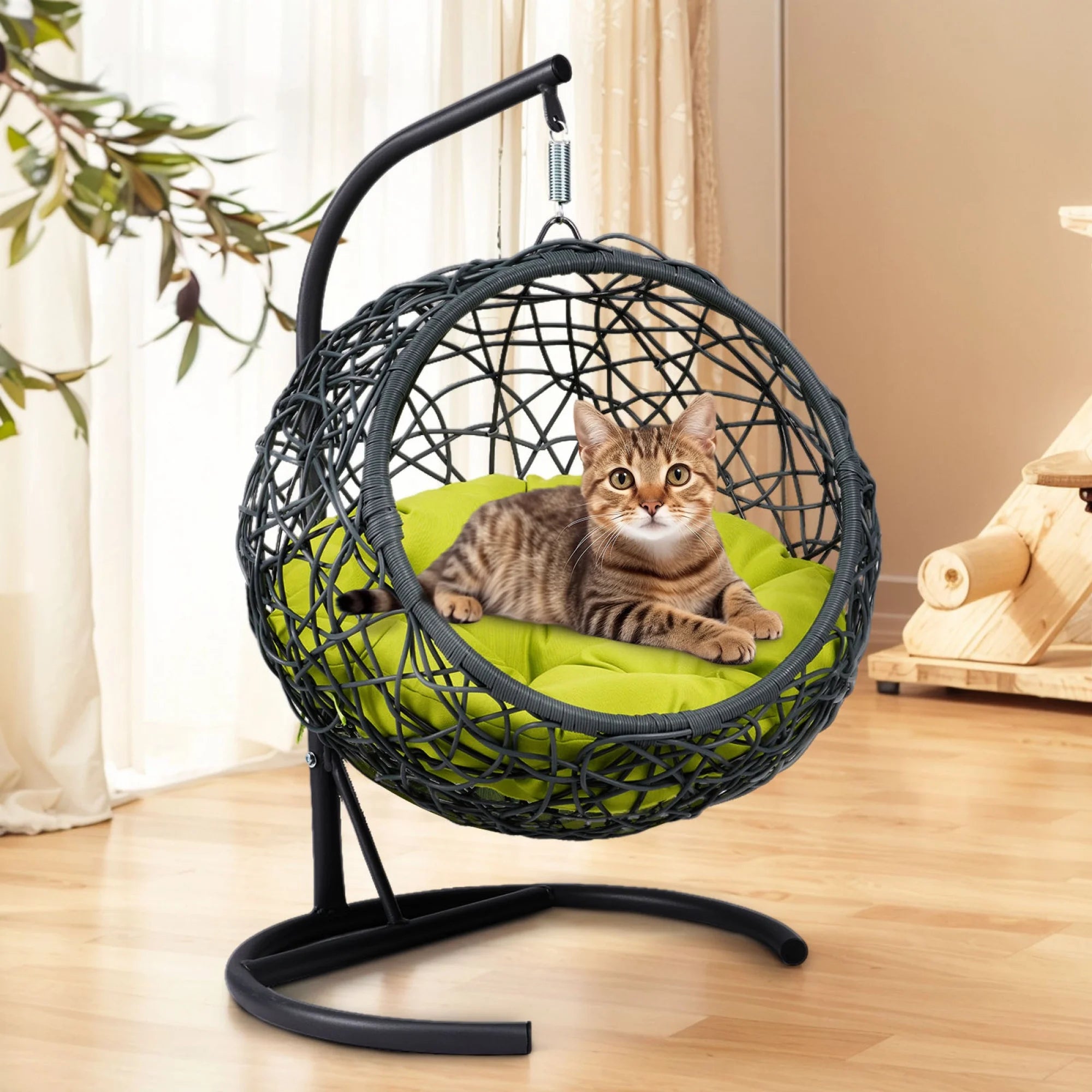 Luxury Cat Swing Hammock with Stand & Cushion – Rattan Wicker Egg Chair for Cats, Indoor Hanging Pet Bed with Breathable Design & Washable Cushion