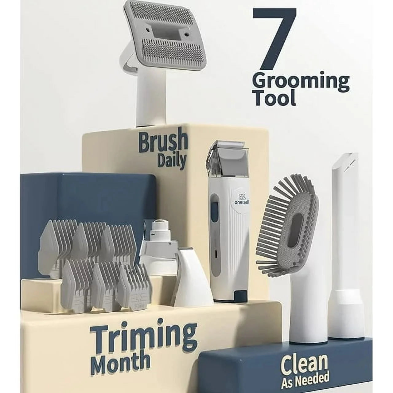 Oneisall 7-in-1 Dog Grooming Kit & Low Noise Pet Grooming Vacuum – 1.5L Large Dust Cup, 7 Professional Tools for Shedding, Hair Trimming & Home/Car Cleaning