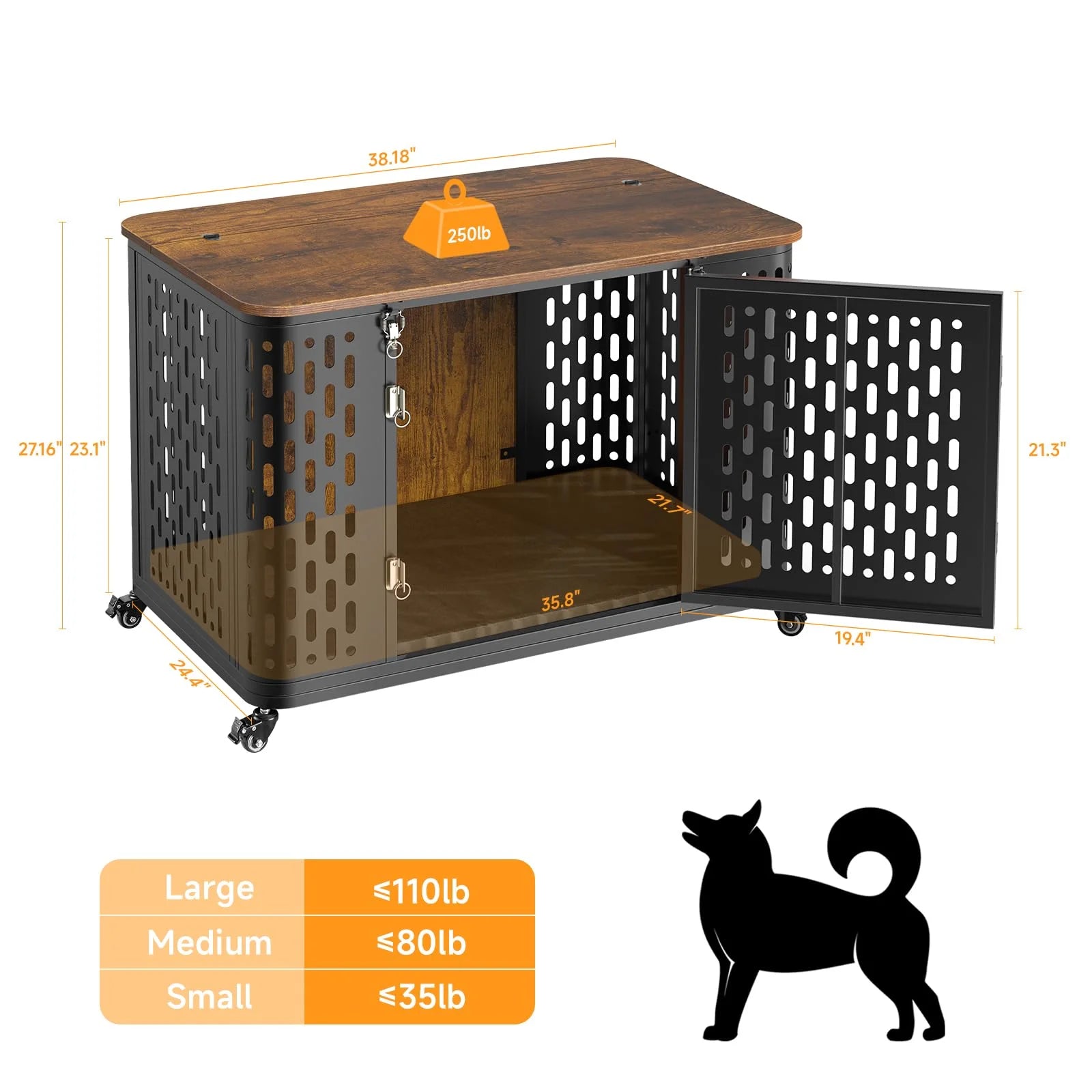 38" Heavy Duty Dog Crate Furniture  - Chew-Proof Escape-Proof Rustic Kennel