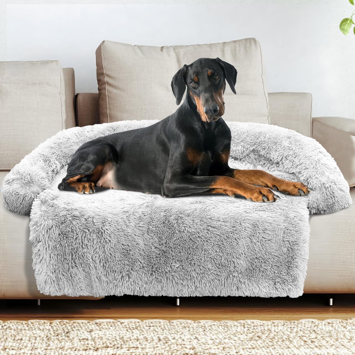 Calming Dog Bed Fluffy Plush Dog Mat for Furniture Protector with Removable Washable Cover for Large Medium Small Dogs and Cats (Small(35X31X5), Dark Grey)