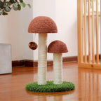 2 Mushrooms Cat Scratching Post – 19" Sisal Rope Cat Scratcher with Grass Base & Dangling Ball, Cute Mushroom Design for Kittens & Small Cats