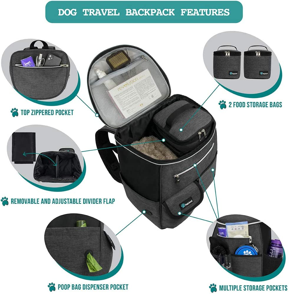 Airline Approved Dog Travel Backpack - Ultimate Pet Backpack with Food Container, Collapsible Bowls & Puppy Diaper Bag - Perfect for Hiking & Camping - Ideal Dog Mom Gift - Dark Gray
