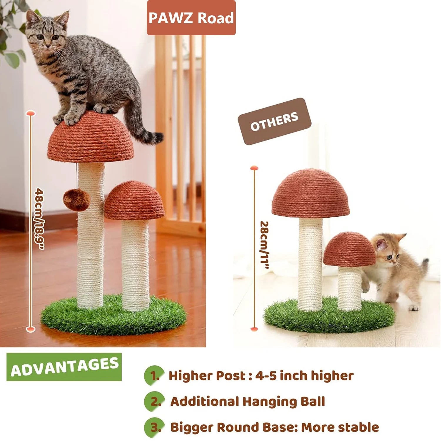 2 Mushrooms Cat Scratching Post – 19" Sisal Rope Cat Scratcher with Grass Base & Dangling Ball, Cute Mushroom Design for Kittens & Small Cats