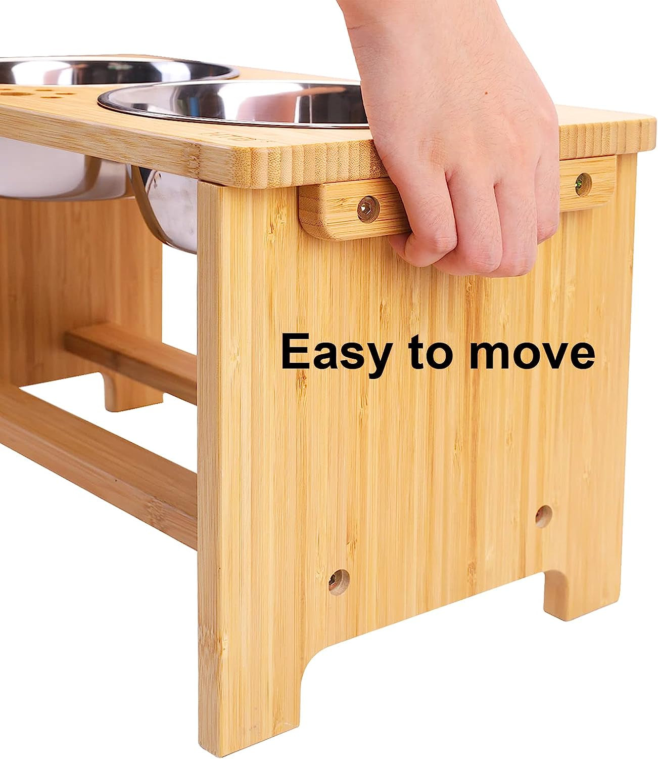 Wooden pet feeder with metal bowls and a hand holding it, labeled 'Easy to move'.