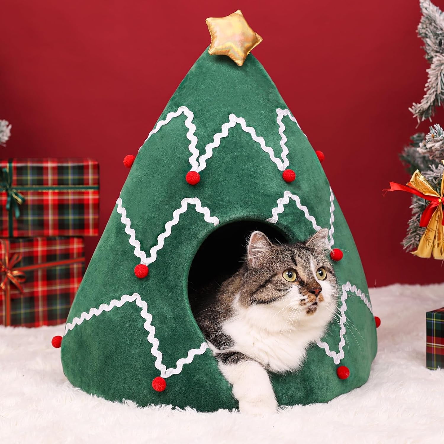 Christmas Tree Cat Bed Tent – Cozy Self-Warming Pet House for Cats & Small Dogs