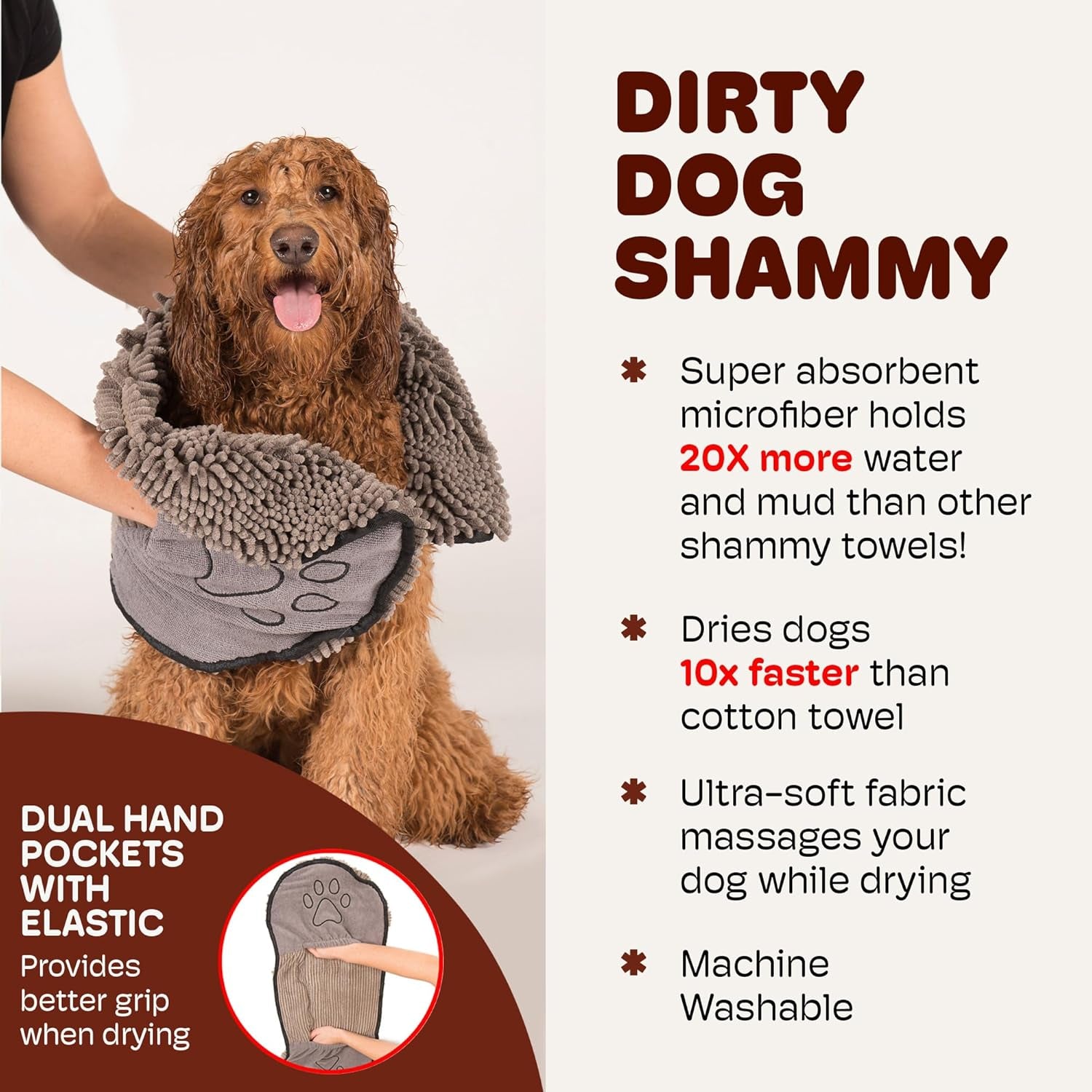 Dirty Dog Shammy – Super Absorbent Dog Drying Towel with Dual Hand Pockets & Elastic | Fast-Drying Plush Microfiber, Machine Washable, 31"x13"