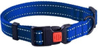 Blue dog collar with a red buckle on a white background