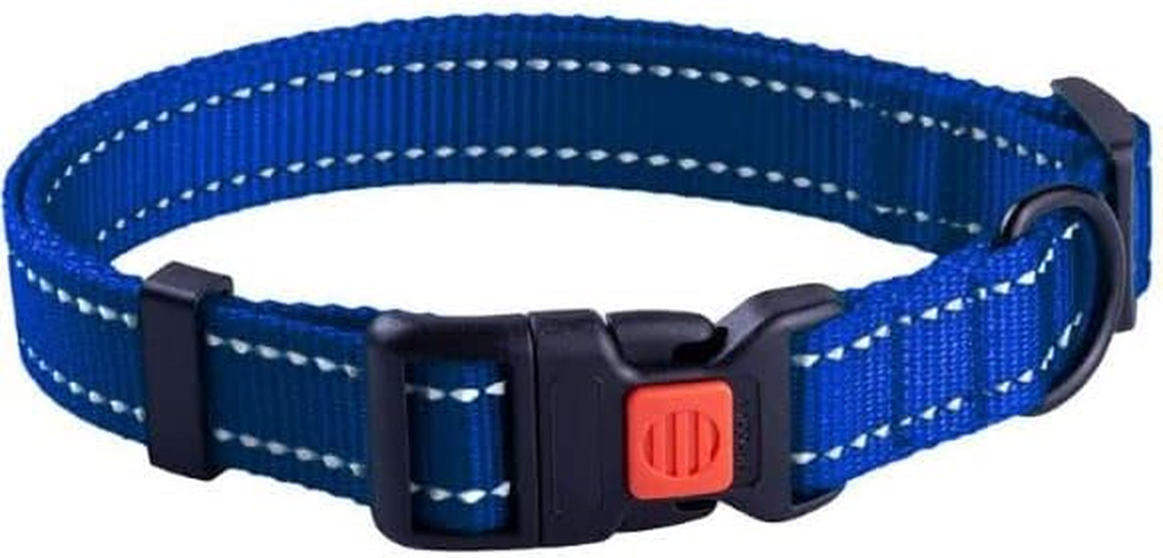 Blue dog collar with a red buckle on a white background