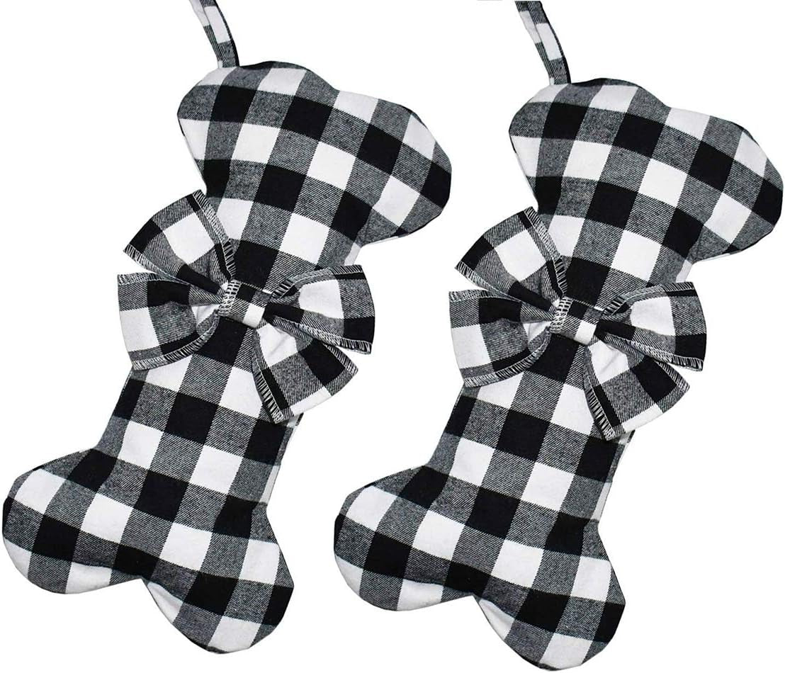 2 Pack Large Dog Christmas Stockings – Red & Black Plaid Bone-Shaped for Pets