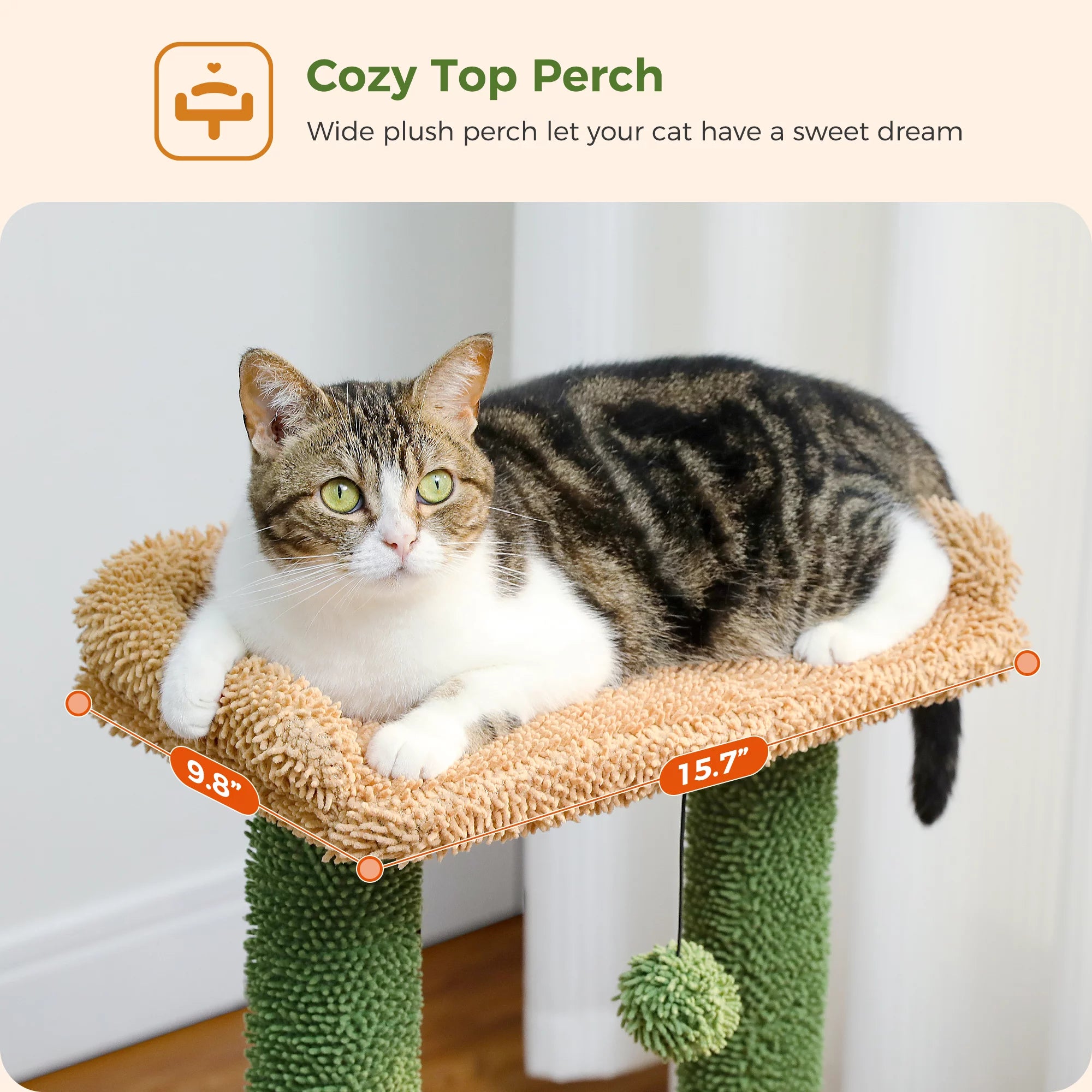 Cat Tree 33" Cactus Cat Tower – Multi-Level Scratching Post with Hammock, Condo & Large Perch for Medium Indoor Cats