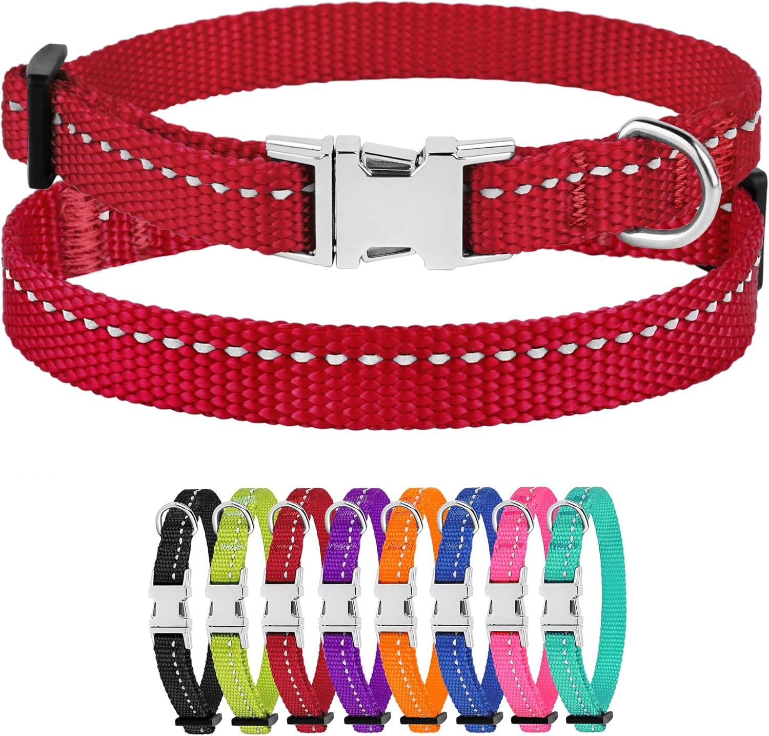 Red dog collar with metal buckle and additional collars in various colors below on a white background
