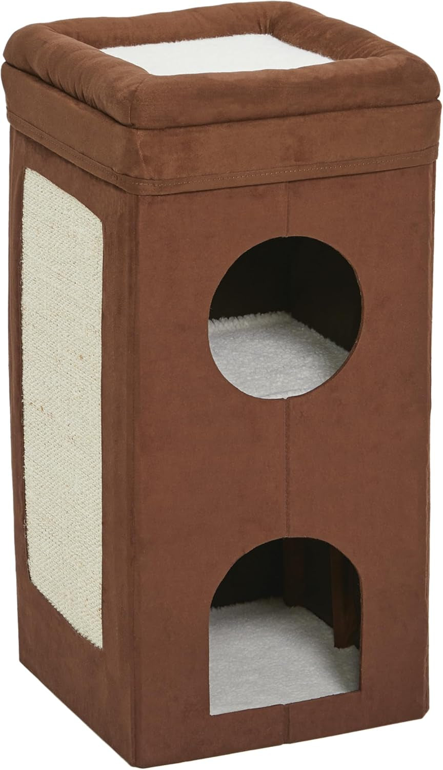 Feline Nuvo Curious Cat Cube, Foldable Cat Hideout with Toy, Bolstered Bed Top, Mushroom Diamond, Faux Fur